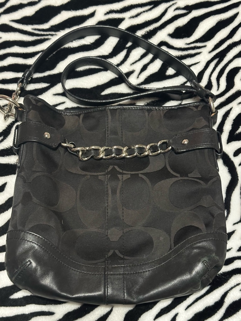 Coach Black Signature Logo Shoulder Bag with Chain Accent